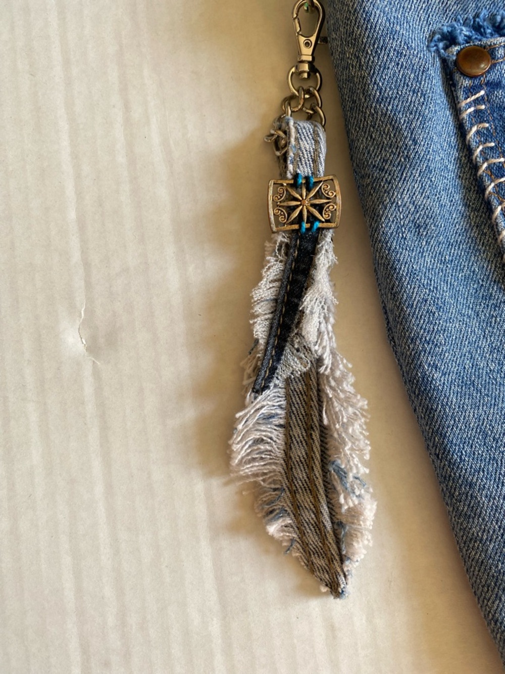 Upcycled Boho Denim Tassel Crossbody Bag with Beads and Embroidery - Picture 4 of 13